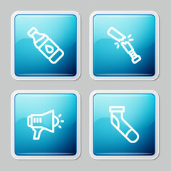 Poster - Set line Bottle of water, Broken baseball bat, Megaphone and Baseball sock icon. Vector