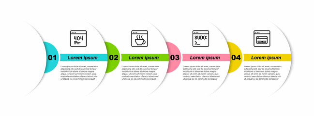 Set line Page with a 404 error, Software, Code terminal and Search engine. Business infographic template. Vector
