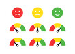 Feedback emoji slider or emoticon level scale for rating emojis happy smile neutral sad angry emotions. three facial expression emojis with with Satisfaction meter scale or speedometer frame