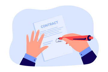 Wall Mural - businessman signing contract. hands of person holding pen and paper document to sign over agreement 