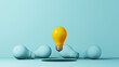 canvas print picture - Light bulb yellow floating outstanding among lightbulb light blue on background. Concept of creative idea and innovation, Think different, Individual and standing out from the crowd. 3d illustration