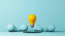 Light Bulb Yellow Floating Outstanding Among Lightbulb Light Blue On Background. Concept Of Creative Idea And Innovation, Think Different, Individual And Standing Out From The Crowd. 3d Illustration