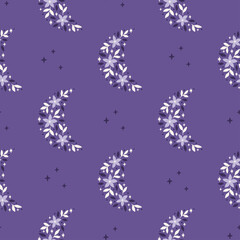 Wall Mural - Floral moon vector seamless pattern. Trendy illustration with flower, stars on very peri background. For fabric design, textile, kids and baby clothes, nursery print, digital paper.