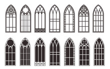Gothic Windows Outline Set. Silhouette Of Vintage Stained Glass Church Frames. Element Of Traditional European Architecture. Vector