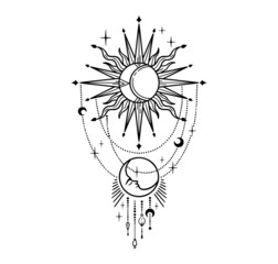 Wall Mural - mystical sun and moon, day and night isolated clip art on white, boho celestial composition with mag