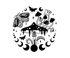 Wall Mural - mystical mushroom border clip art, magic hand drawn line mushrooms composition, amanita or fly agari