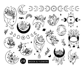 Poster - Mystical boho floral moon isolated cliparts bundle, celestial collection, moon and flowers set, magic line crescent moon, crystals, esoteric objects set - black and white vector