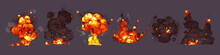Bomb Explosions, Blasts With Fire And Black Smoke Clouds. Vector Cartoon Set Of Burst With Flame And Flash From Dynamite, Nuclear Weapon Or Rocket Hit Isolated On Background