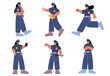Set of police woman officer, female cop at work. Policewoman wear uniform issue a fine, run, use walkie-talkie on duty. Girl city patrol constable fight with criminal Linear flat vector illustration