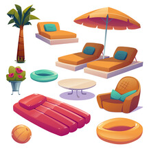 Swimming Pool And Hotel Poolside Equipment Isolated Cartoon Icons. Palm Tree, Chaise Lounges, Umbrella, Inflatable Ring Or Ball, Coffee Table, Armchair With Pillow And Flowers In Vase, Vector Set