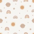 Cute cartoon Bohemian nursery pattern. Boho vector print for wall decor in children's bedroom. Seamless pattern with cartoon rainbow, sun, planet