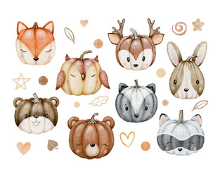 Watercolor funny pumpkins clipart set, cartoon woodland animals illustration, cute fall kid png