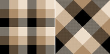 Buffalo Check Plaid Pattern In Black, Brown, Beige For Autumn Winter. Seamless Herringbone Textured Tartan Set For Flannel Shirt, Scarf, Skirt, Blanket, Duvet Cover, Other Modern Fashion Fabric Print.