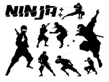 Ninja Silhouette Set. Set Of Ninja Silhouette Vector Illustration, Ninja Weapon Silhouette. Ninja Japanese Warrior Silhouettes. All In A Single Layer. Vector Illustration.