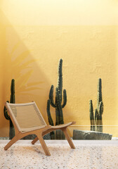 Wall Mural - Modern yellow room with cactus garden, yellow wall, concrete floors and chair. sunlight shine into the room. background 3d render. 