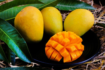 Canvas Print - Mango tropical fruit with green leaf, Ripe mango in grass closeup