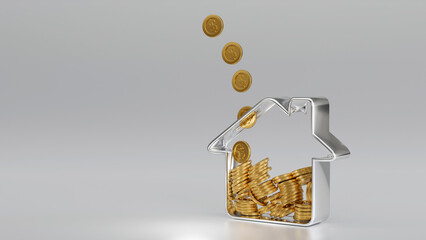 Golden coin falling in to house shape piggy bank, save money for buy house, 3D rendering.