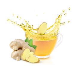 Wall Mural - Ginger tea splash in glass cup with ginger root isolated on white background.