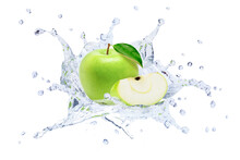 Green Apple In Water Splash Isolated On White Background.