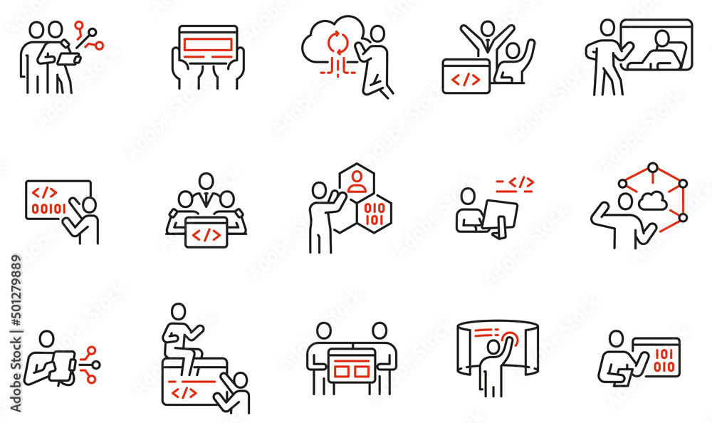 Vector set of linear icons related to engineering development, script ...