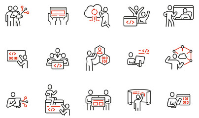 vector set of linear icons related to engineering development, script coding and programming in java