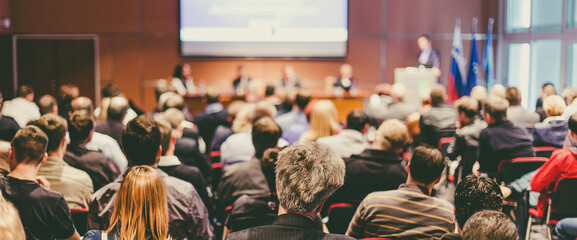 Wall Mural - business speaker giving a talk at business conference event.