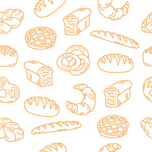 Bread Bakery Seamless Pattern Background. Vector Line Illustration.
