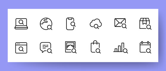 Wall Mural - search set icon. search on the internet, on a computer, in the cloud, in mail, dates, messages, in t