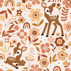 Seamless vector pattern with cute vintage fawn on floral background. Perfect for textile, wallpaper or print design. 