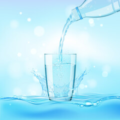 Wall Mural - Pouring water from a  transparent plastic bottle into a glass with splash on a blue background. 