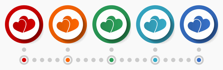Aufkleber - Valentine, love concept vector icon set, infographic template, flat design circle colorful web buttons in 5 color options
