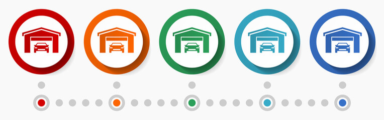 Poster - Garage concept vector icon set, infographic template, flat design circle colorful web buttons in 5 color options