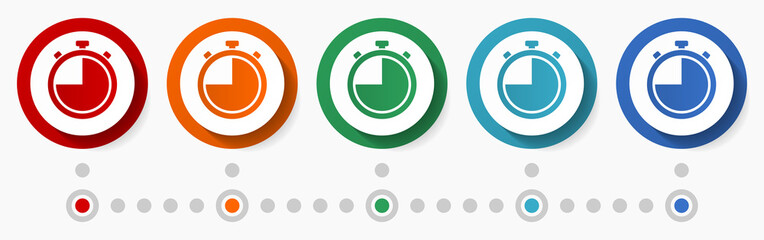 Fototapete - Stopwatch concept vector icon set, infographic template, flat design circle colorful web buttons in 5 color options