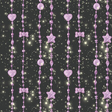 Seamless Pattern With Garlands Of Pink Bows On A Black Background With Sequins, Festive Elegant Background Hand-drawn