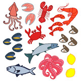 Fototapeta Pokój dzieciecy - fresh seafood icon. hand drawn vector. salmon meat, shrimp, prawn, lobster, crab, mussel, shellfish, tuna fish, octopus and lemon illustration. restaurant menu, poster, banner, cover. marine life. 
