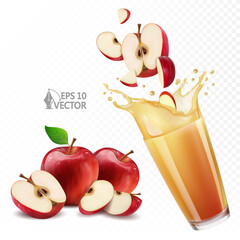 Natural apple juice in a glass, juicy splash and drops, set of real fresh red apples, slices and halves, 3d realistic vector illustration