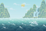 Fototapeta Sypialnia - oriental painting illustration wallpapers sea and mountains 동양화 일러스트 바다와 산