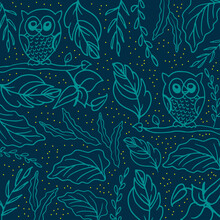 Owl In Forest Illustration Isolated On Night Sky Background. Hand Drawn Vector. Doodle Art For Kids, Wallpaper, Card, Wall Decoration, Babt Clothes, Scrapbook, Backdrop, Cover. Cute Owl With Foliage. 