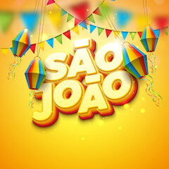 Sticker - Festa Junina Illustration with Party Flags and Paper Lantern on Yellow Background. Vector Brazil June Sao Joao Festival Design with 3d Lettering for Greeting Card, Banner, Invitation or Holiday Poster