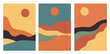 Collection of modern simple minimalist abstract landscapes: mountains, sun and lake