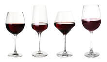 Set With Glasses Of Delicious Expensive Red Wine On White Background