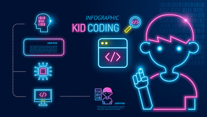 kid coding infographic icon neon. boy programming on laptop in computer language. children learning 