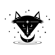 Fox With Moon And Stars Mystic Witch Magic Boho Tattoo Flat Black Icon Vector Design.