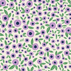 Wall Mural - Botany berries with leaves seamless repeat pattern. Random placed, vector floral all over surface print on white background.