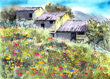 Watercolor Illustration Of A Landscape With A Field Of Blooming Colorful Flowers, Distant Foggy Mountains On The Horizon And The Roofs Of Village Houses In The Distance