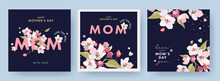 Mother's Day Design Set In Modern Art Style. Abstract Background With Hand Drawn Spring Flowers In Pastel Colors And Trendy Typography On Dark Blue. Mothers Day Templates For Card, Cover, Web Banner