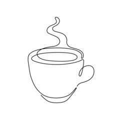 Wall Mural - Cup of coffee, one single continuous line drawing. Simple abstract outline beautiful mug with steam beverage. Vector illustration