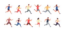 Running People. Cartoon Athlete And Runner Men And Women Wearing Sport Clothes, Jogging And Running Marathon. Vector Isolated Set