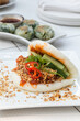 Taiwanese Food Gua Bao, Asian hamburger or sandwich from steamed rice bun with red-cooked pork belly.