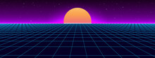 Retro Fantastic Background Of The 80s. Vector Mountain Wireframe Landscape With Night Sky And Sunset . Futuristic Neon Scenery.